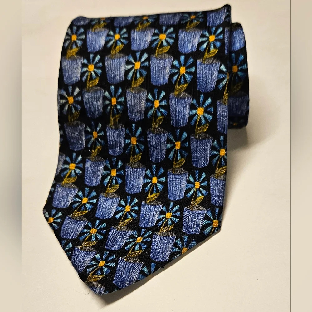 Ermenegildo Zegna Flowers Cup Pot Garden Print Blue Green Color Silk Italy Tie